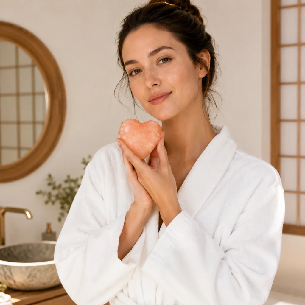 Žena drží soľnú kocku Kōji Salt Bar v kúpeľni