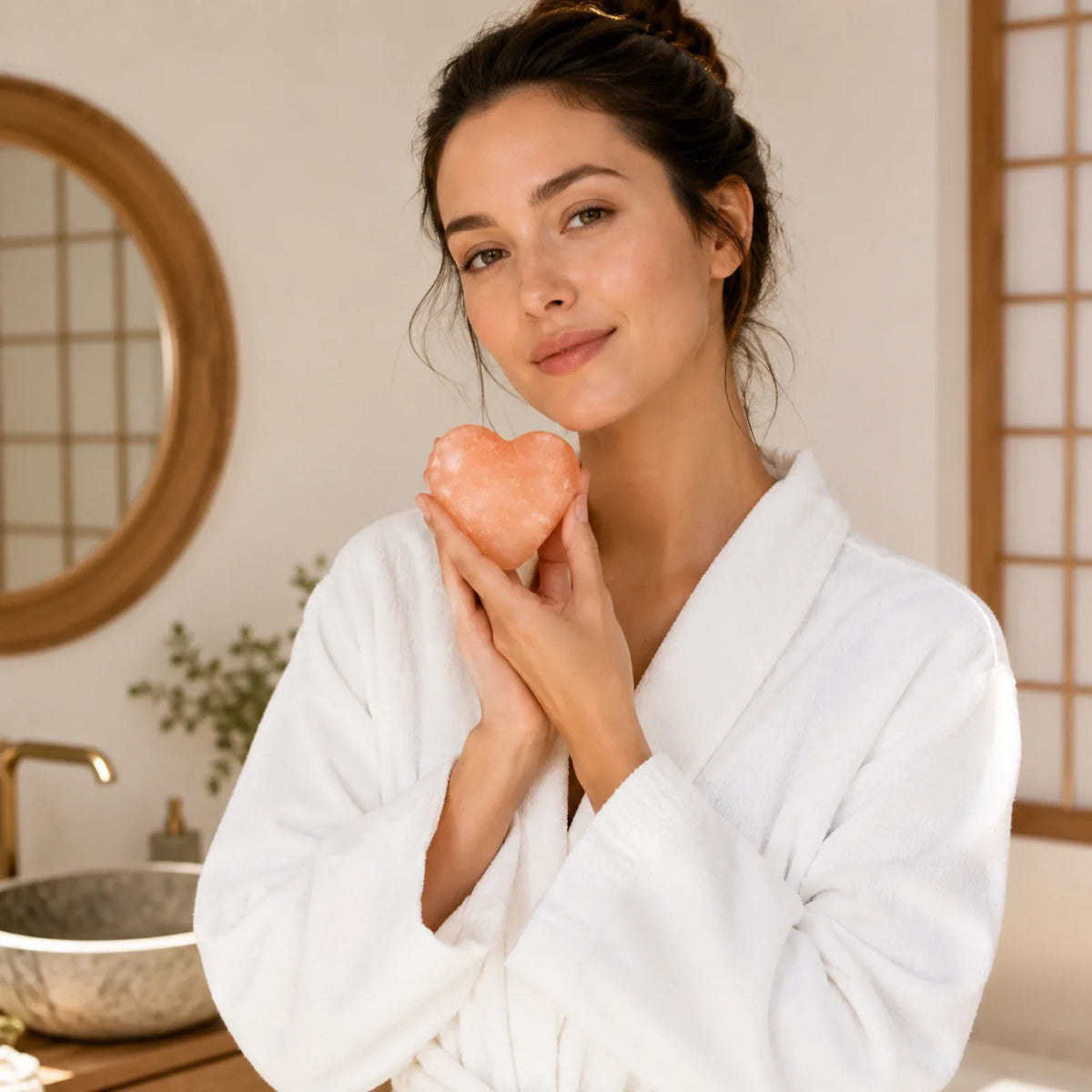 Žena drží soľnú kocku Kōji Salt Bar v kúpeľni