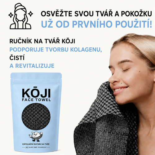 Žena po umytí tváre exfoliačným uterákom Kōji