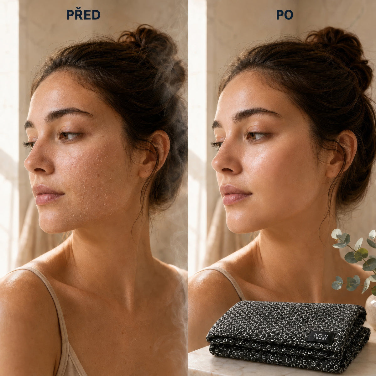 Pleť pred a po používaní exfoliačného uteráka Kōji