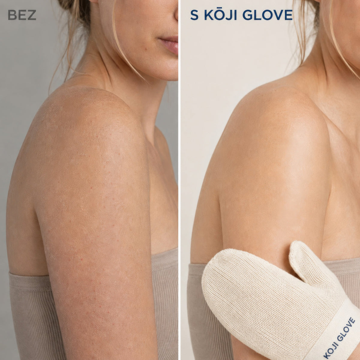 Rameno pred použitím a po použití rukavice Kōji Glove