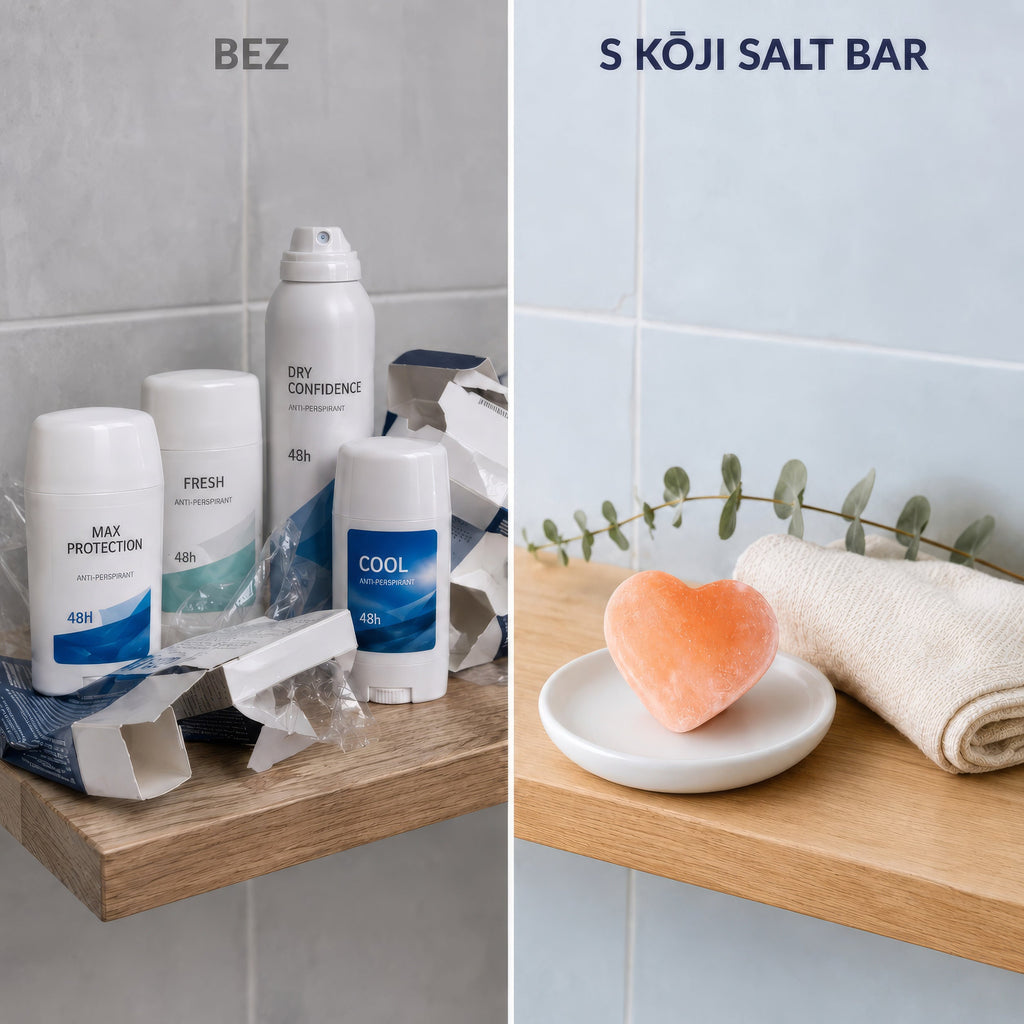 Polička v kúpeľni bez Kōji Salt Bar a s ním