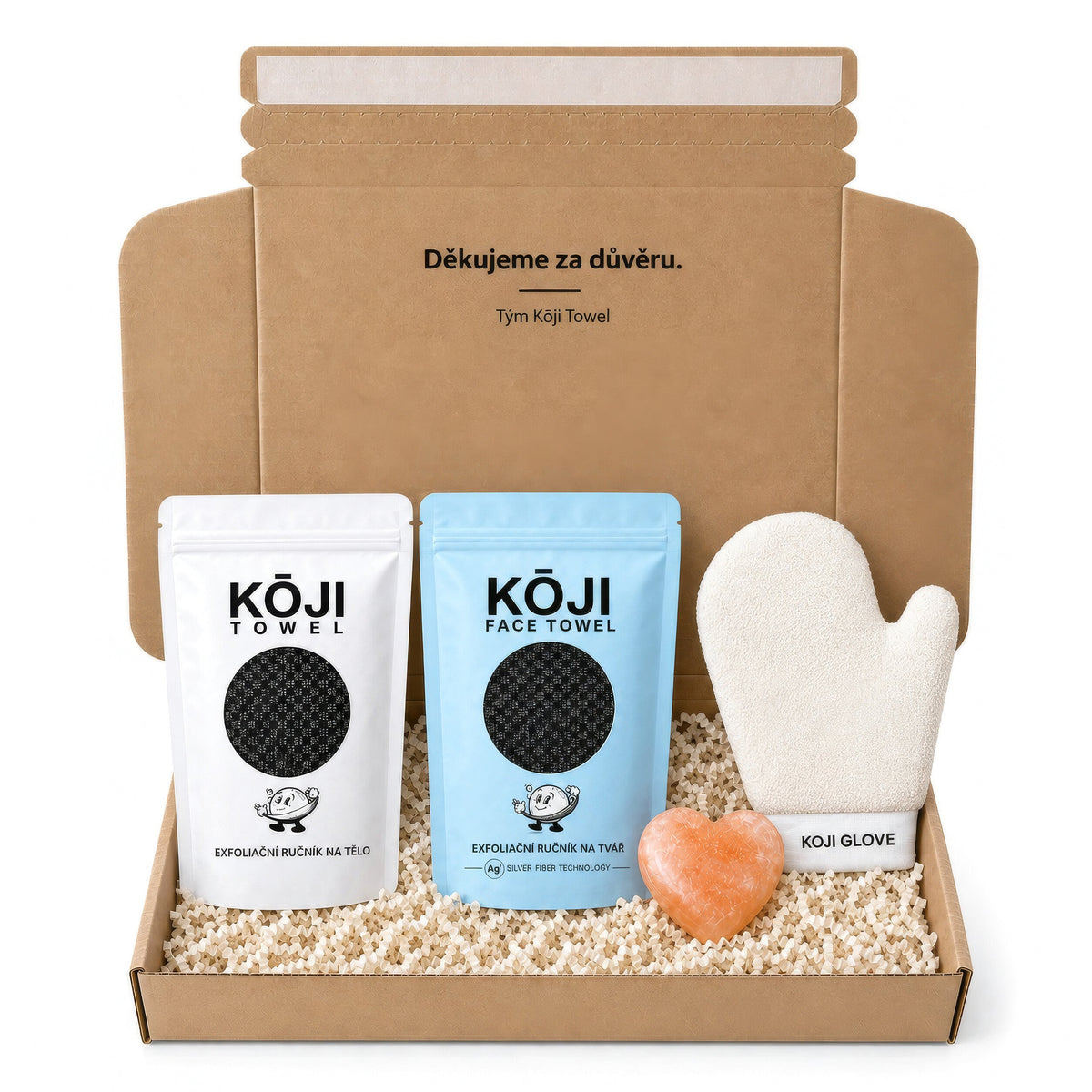 Darčeková krabica Kōji: exfoliačný uterák na telo, Kōji Face Towel, prírodný soľný dezodorant Salt Bar a exfoliačná rukavica Kōji Glove.